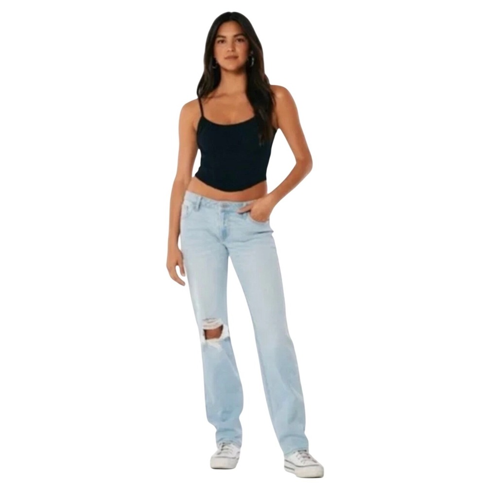 Hollister Low Rise 90s Vintage Straight Jeans Distressed Light Wash Size 5R‎